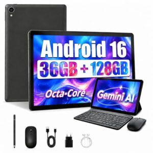 Tablet 10 Zoll Android 16 Octa-Core Prozessor 36 GB RAM 128 GB ROM 2 TB erweiterbar 1280×800 IPS 6000 mAh 2-in-1 Tablet PC mit Schutzhülle Tastatur Maus Stift Kopfhörer Netzteil Kabel (Schwarz)