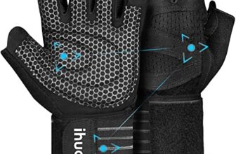 ihuan Belüftete Fitness Handschuhe mit Handgelenkband-Unterstützung für Herren und Frauen | Schwarze Trainingshandschuhe | kompletter Handflächenschutz für Gewichtheben, Training, Fitness, Klimmzüge