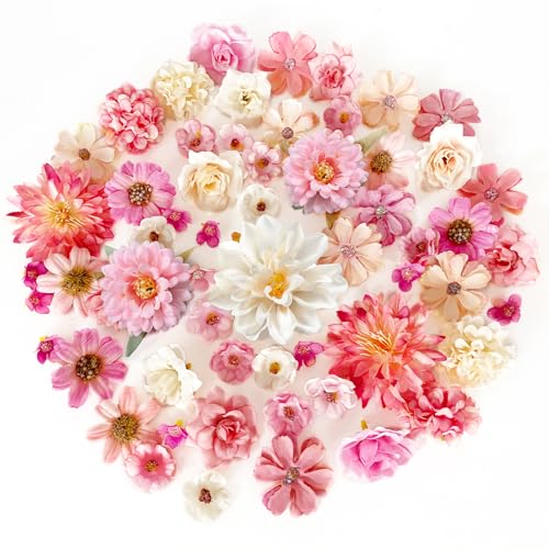 ROLLWAY 60 Stück Kunstblumen zum Basteln, Klein Fake Blumen Deko Rosa Weiß