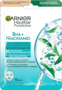 Garnier Tuchmaske, Gesichtsmaske für fettige Haut, Anti-Unreinheiten, Formel mit Teebaumöl und Salizylsäure, Hautklar Aktiv, 23 g (Packung mit 5)