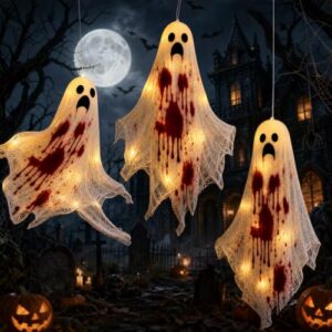 Efymosce 3 Stück Halloween Deko Outdoor Geist, Geister Windsack mit LED, Halloween Dekorationen Hängende für Outdoor, Vorgarten, Terrasse, Rasen, Garten, Partydekor