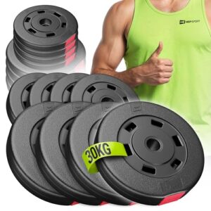 HOP-Sport Hantelscheiben Set 30 kg, Gewichtsscheiben 30 mm / 31 mm Bohrung, Kunststoff Hantelgewichte 4×5 kg + 4×2,5 kg, für Langhantel & Kurzhantel, bodenschonend