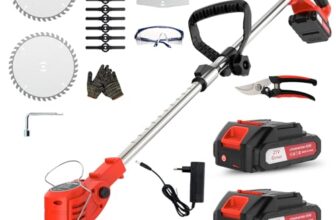 OUTIGO Akku Rasentrimmer mit Akku, Rasenkantenschneider mit 2 Akkus 21V und 4 Messertypen+1 Gartenschere, Verstellbarer Teleskop-Führungsholm Desbrozadoraeléctrico inalámbrico (BIGRot-FBA)