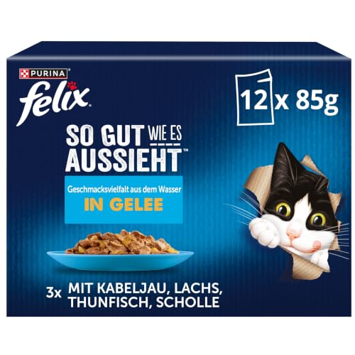 FELIX So gut wie es aussieht Nassfutter, 72er Pack (6 x 12 x 85g) | 12 praktische Portionsbeutel, zarte Stückchen in Gelee, 4 leckere Sorten, 100% vollständige Ernährung
