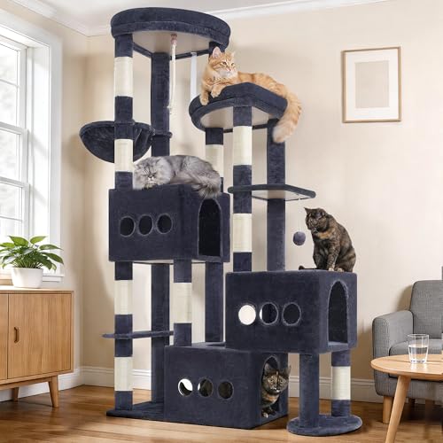 Gitelsnour Kratzbaum 182 cm stabil für Mehrkatzenhaushalt, XXL Katzenbaum mit 3 großen Katzenhöhlen (40×40 cm), 3 Plattformen, Korb und 10 Kratzsäulen, kippsicher, Rauchgrau GCT036G