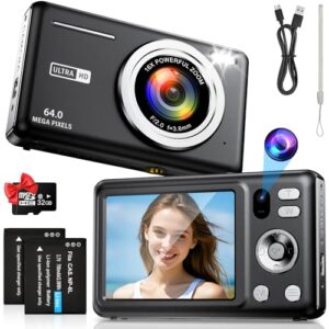 Digitalkamera, AutoFocus 4K 64MP Fotokamera mit Dual-Kamera, 16X Digitalzoom Fotoapparat mit 32 GB SD Karte, 2,8″ Großem Bildschirm Kompaktkamera für Teenager Erwachsene Anfänger (Schwarz)