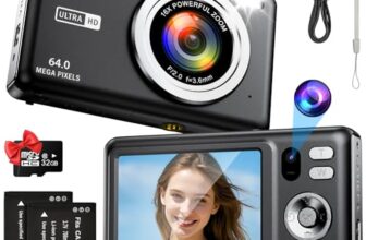 Digitalkamera, AutoFocus 4K 64MP Fotokamera mit Dual-Kamera, 16X Digitalzoom Fotoapparat mit 32 GB SD Karte, 2,8″ Großem Bildschirm Kompaktkamera für Teenager Erwachsene Anfänger (Schwarz)