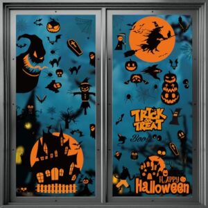 SLWOO Halloween Deko – 98 Stück Halloween Fensterbilder Selbstklebend, Kürbis Spinnennetz Fledermaus Fenstersticker, Horror Skelett Geister Fensterdeko Aufkleber für Zimmer Spukhaus Party Dekorations