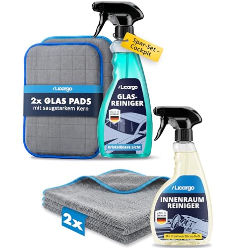 LICARGO Auto Innenraum & Scheiben Reiniger Set – 500ml Innenraumreiniger + 750ml Auto Scheibenreiniger Made in Germany + 2x 380GSM Mikrofasertuch + 2x Glas Pads – Autopflege Cockpitpflege