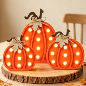 RumonZS Leuchtkürbis Holz Kürbis Deko Set Herbst Halloween Dekoration