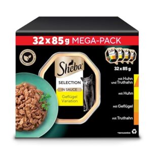 SHEBA Adult Katzenfutter nass – 32x85g Schalen – Geflügel Variation in Sauce – Nassfutter für Katzen – 1 Großpackung