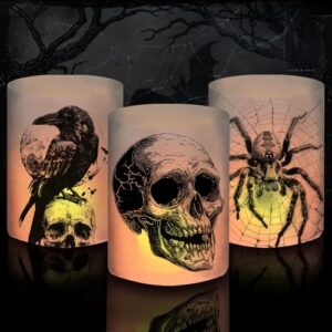 12 Windlicht Tischdeko Dekoration, Halloween Deko Innen Outdoor Garten Gruselig, Horror Deko mit Totenkopf Krähe Spinne, Halloween Deko Kinder Geburtstag Party Set, für Teelichter/Kerzen