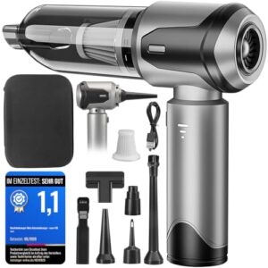 Handstaubsauger Akku Autostaubsauger Auto Stark, 26000Pa 4-in-1 Mini Staubsauger Kabellos, Car Vacuum Cleaner Air Duster, Tragbar, Leicht und Wiederaufladbar für Auto, Zuhause, Haustiere, Silbergrau