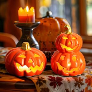FTUREERA 2 Stück Halloween Deko Kürbis, Herbstdeko Kürbis mit Gruseligem Gesicht, KürbisDeko Laterne Halloween Keramik, Hallo-ween Kürbi aus Keramik mit LED Licht für Halloweenparty