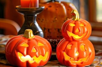 FTUREERA 2 Stück Halloween Deko Kürbis, Herbstdeko Kürbis mit Gruseligem Gesicht, KürbisDeko Laterne Halloween Keramik, Hallo-ween Kürbi aus Keramik mit LED Licht für Halloweenparty