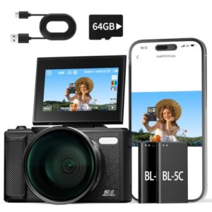 5K WiFi Digitalkamera & Fotokamera 80 MP, Vlogging Kamera für YouTube mit Autofokus, 3″ 180° Klappbildschirm, 18X Digitalzoom Reisekamera für Anfänger & Jugendliche, mit 64GB SpeicherKarte & 2 Akkus