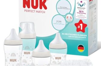 NUK Perfect Match Perfect Start Babyflaschen Geschenkset für Neugeborene | 0–6 Monate | 4 x Anti-Kolik-Flaschen (150 ml, 260 ml), 2x Sauger, 1x Air Schnuller, 1x Flaschenbürste | Regenbogen | 8 Stück