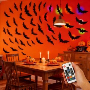 Halloween Deko Innen Outdoor, 24 Stück 3D Fledermaus & 12 LED Lights mit Fernbedienung und Timer, Led Fledermaus Fenster Wand Deko Halloween Decorations Wohnzimmer Zubehör