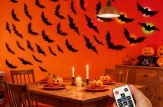 Halloween Deko Innen Outdoor, 24 Stück 3D Fledermaus & 12 LED Lights mit Fernbedienung und Timer, Led Fledermaus Fenster Wand Deko Halloween Decorations Wohnzimmer Zubehör