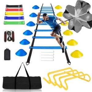 BJNCDIO Fussball Trainingszubehör, Koordinationsleiter 6m mit 12 Hütchen, Abnehmbar Hürden, Springseil, Widerstandsbänder, Widerstandsschirm,Fussball Trainingsset,Fussball Geschenke Jungen (Blau)