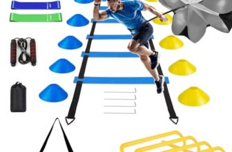 BJNCDIO Fussball Trainingszubehör, Koordinationsleiter 6m mit 12 Hütchen, Abnehmbar Hürden, Springseil, Widerstandsbänder, Widerstandsschirm,Fussball Trainingsset,Fussball Geschenke Jungen (Blau)