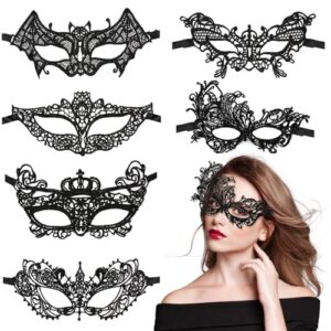 VOPIWOZ Halloween Maske Damen, 6 Pcs Spitzenmaske Schwarz Damen, Venezianische Maske Spitze, Halloween Augenmaske Aus Spitze Ideal für Maskenball, Halloween und Fasching