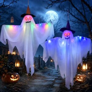 Halloween Deko Geist, 2 Stück leuchtende hängende Geister mit LED-Lichterketten, Outdoor Dekoration für Garten, Terrasse, Rasen und Vorgarten