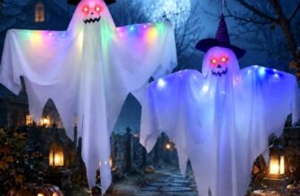Halloween Deko Geist, 2 Stück leuchtende hängende Geister mit LED-Lichterketten, Outdoor Dekoration für Garten, Terrasse, Rasen und Vorgarten