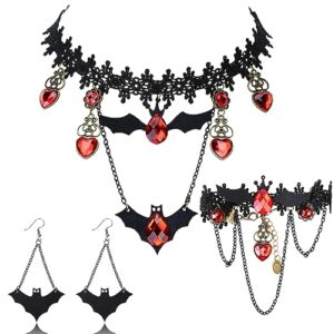 DPKOW HOWAF Gothic Schmuck Set Halloween Fledermaus Gotisch Halskette Vampir Ohrringe Armbänder für Halloween Kostüm Damen Gothic Kostüm Vampir Accessoires