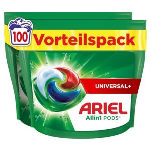 Ariel Waschmittel Pods All-in-1, Flüssigwaschmittel Kapseln 100 Waschladungen, Universal+, Kraftvolle Fleckentfernung ab der 1. Wäsche