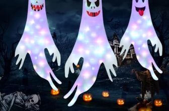 Moxled 3 Stück Halloween Deko Outdoor, 120cm Halloween Geist Windsäcke mit Bunt LED Lichtern, Ghost Windsack Hängende Halloween Dekoration für Garten Horror Outdoor Party