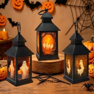 3 Stück Halloween Deko Outdoor Laterne mit LED Kerze, Halloween Deko Innen