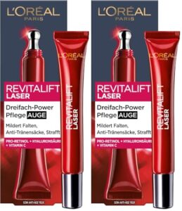 L’Oréal Paris Augenpflege, Revitalift Laser X3, Anti-Aging Augencreme mit 3-fach Wirkung, Hyaluronsäure, 15 ml (Packung mit 2)