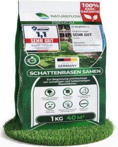 Schattenrasen Samen Rasensamen Schnellkeimend 1kg – TEST SEHR GUT – 100% Keimgarantie – Grassamen für schattige Flächen – Sommer Nachsaat Rasensaat & Neuanlage 40m² – Made in Germany