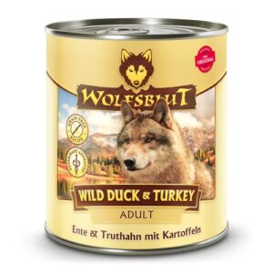 WOLFSBLUT – Wild Duck & Turkey Adult | Nassfutter mit Superfoods für ausgewachsene Hunde. Getreidefreies Alleinfutter ohne Zusatzstoffe in der Dose | 6x800g