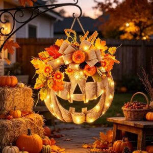 Skeadex Kürbis Türkranz Herbst mit LED Licht,Holz Herbstkranz Haustür mit Ahornblatt Blumen,Leuchtend Kranz Herbst Deko Innen Außen,Kürbis Türkranz Halloween für Wand Fenster Erntedankfest Deko (A)