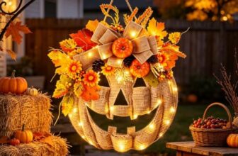 Skeadex Kürbis Türkranz Herbst mit LED Licht,Holz Herbstkranz Haustür mit Ahornblatt Blumen,Leuchtend Kranz Herbst Deko Innen Außen,Kürbis Türkranz Halloween für Wand Fenster Erntedankfest Deko (A)