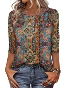 Zeagoo Tshirt Damen Sommer Herbst Oberteile 3/4 Ärmel Henley Bluse Böho XXL