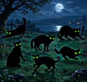 6 Stück Halloween Deko Schwarze Katzen Silhouetten, Gruselige Katzen Silhouetten mit Ständern & leuchtenden Augen, Gruselige Silhouette Halloween Dekorationen für Garten, Rasen, Vorgarten & Terrasse
