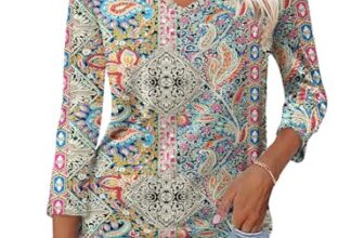 Rapbin Bluse Damen 3/4 Ärmel Langerm V-Ausschnitt Bohemien Oberteile Blusen