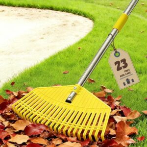 Gartenrechen, extrabreiter Laubrechen 42 cm, müheloses Aufräumen, 23 Flexible Zinken für rasenschonendes Arbeiten, 165 cm Verstellbarer Kunststoffrechen für den Garten, gelb