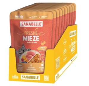 Sanabelle Freshe Mieze – Pute und Huhn,10 x 100 g Beutel voll recyclingfähig, Dampfgegartes Nassfutter für Katzen, Katzenfutter wie frisch gekocht, Eine Marke von Bosch Tiernahrung