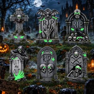 VTMJ 6 Stück Halloween Grabstein Deko, Gruselig Halloween Deko mit 12 Bodenspitze und 2 Aufkleber, Realistische Rip Grabsteine, Friedhof Dekoration für Party Spukhaus Freien Innen und Outdoor