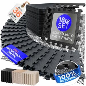 Bodenschutzmatte Fitness inkl. Gratis Anti-Rutschmatte – 18 Puzzlematten 30x30x1cm Trainingsmatte als Matte Sport – Gymnastikmatte Sportmatte Turnmatte als Fitnessmatte Bodenmatte Yogamatte Gym Sport