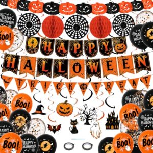 Halloween Deko Set, HAPPY HALLOWEEN Girlande mit Trick or Treat Banner, Kürbis Wabenball Girlande, 8 Hängedeko Spiralen & 20 Luftballons für Halloween Party Deko Indoor Outdoor
