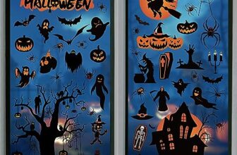 Moxled Halloween Deko Horror, Kürbis Spinnennetz Fledermaus Fensterbilder, 11 Blätte Halloween Fensteraufkleber, 98Pcs Skelett Geister Spukhaus Wandaufkleber für Kinderzimmer Halloween Party