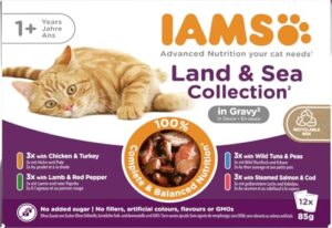 IAMS Delights Land & Sea Collection Katzenfutter Nass – Multipack mit Fleisch und Fisch Sorten in Sauce, Nassfutter für Katzen ab 1 Jahr, 12 x 85 g
