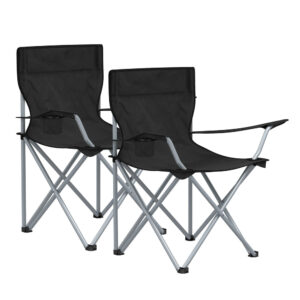 2er-Set Campingstühle mit Armlehnen und Getränkehalter, Schwarz