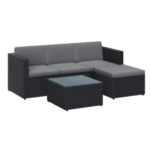 Gartenmöbel-Set mit Kissen und Glastisch schwarz-grau