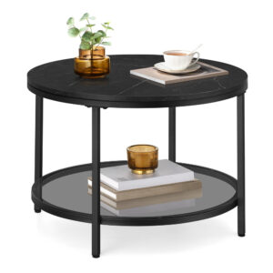 Couchtisch mit 2 Ablagen für Wohnzimmer, Marmorschwarz + Tintenschwarz / 65d cm